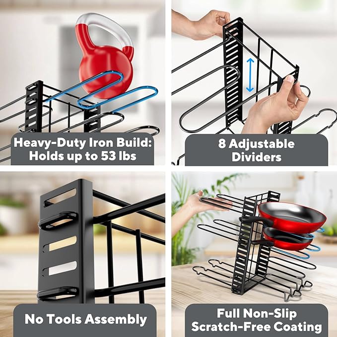 Pots and Pans Organizer Under Cabinet - 8-Tier Adjustable Pan Organizer Rack for Cabinet - Heavy-Duty Pot & Pan Organizer - Perfect to Store Pots, Pans, Lids - Easy Kitchen Organization and Storage