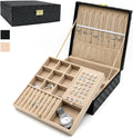 Jewelry Organizer Box, Jewelry Box Organizers for Women Girls, Jewellery Display Holder, 2 Layers Large Leather Jewels Storage Case for Earring, Rings, Necklaces, Bracelets, Watch, Ideal Gift (Black)
