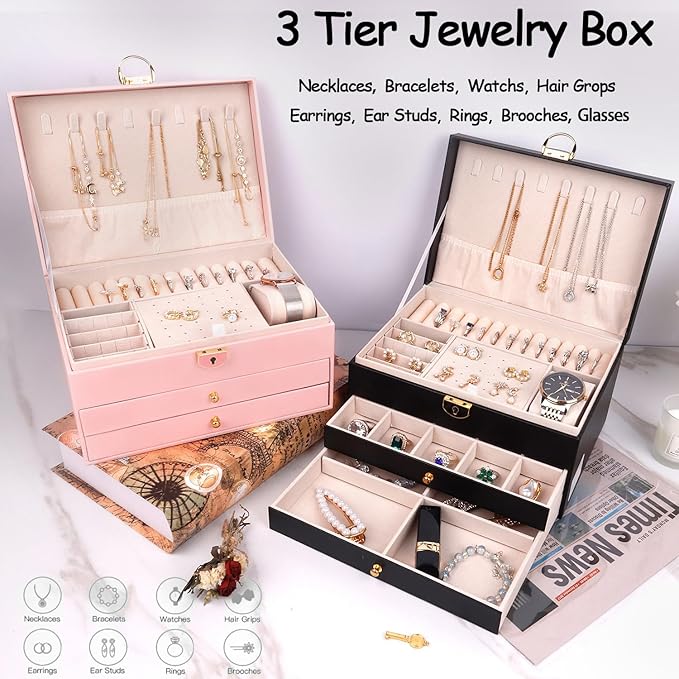 3 Layer Jewelry Box with Drawers, Lockable Jewelry Organizer for Necklace Earring Ring Bracelet Watch, PU Leather Storage, Pink