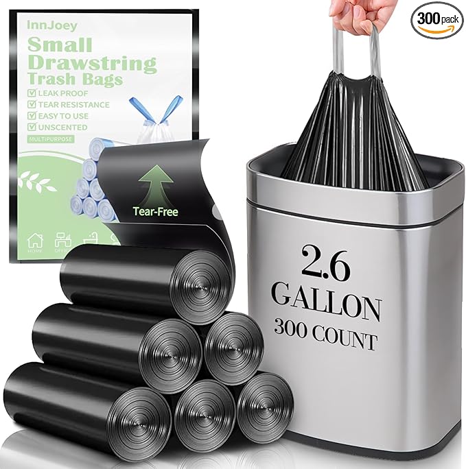 300 Count Small Drawstring Trash Bags for 2.6-Gallon (10 L) Trash Cans, Thick Pre-separated Garbage Bags, Mini Wastebasket can Liners for Bathroom Bedroom Office(Black)