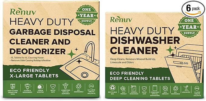 Renuv® Dishwasher Cleaner + Garbage Disposal Cleaner - Heavy Duty Kitchen Appliance Deep Cleaning, Descaling and Deodorizing, (12 Tablets of each)