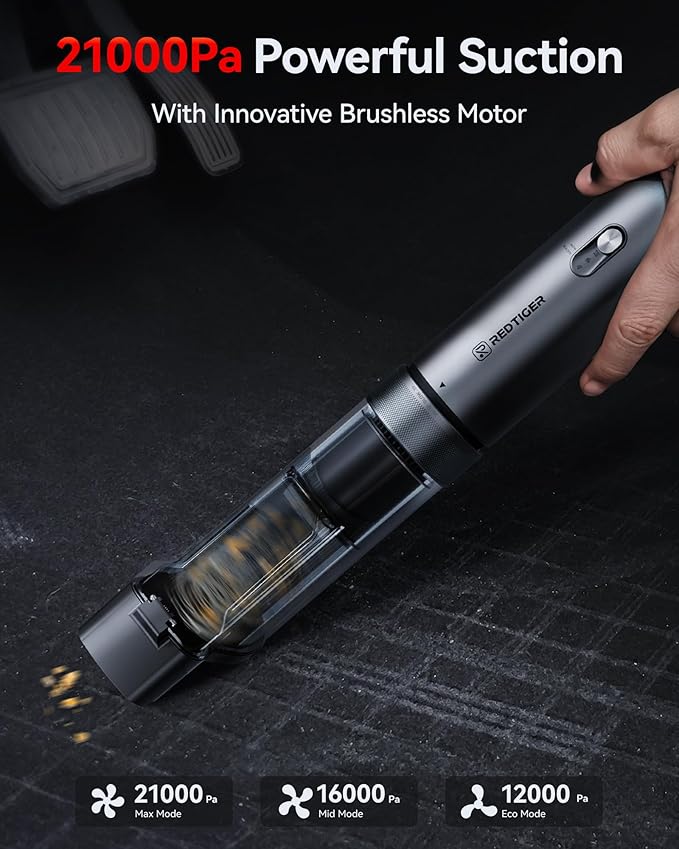 REDTIGER Car Vacuum Cordless, 21000PA Portable Handheld Vacuum Up to 70 Mins Runtime, 3.5H USB-C Fast Charge, Lightweight 4 in1 Mini Hand Held Cleaner Power for Car Home Outdoor Camp Pet Food Black