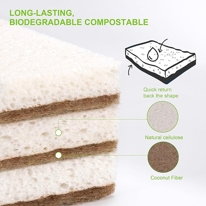Natural Dish Sponges 16 Pack - Biodegradable Sponge Kitchen Compostable Cellulose Coconut Scrubber - No Scratch Cleaning Sponges