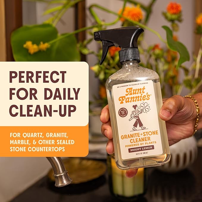Aunt Fannie's Granite and Stone Cleaner, Plant Based Daily Countertop Spray for Granite, Marble, Soapstone, Quartz, Slate, Laminate, and other Sealed Stone, Bright Lemon Scent, Pack of 3