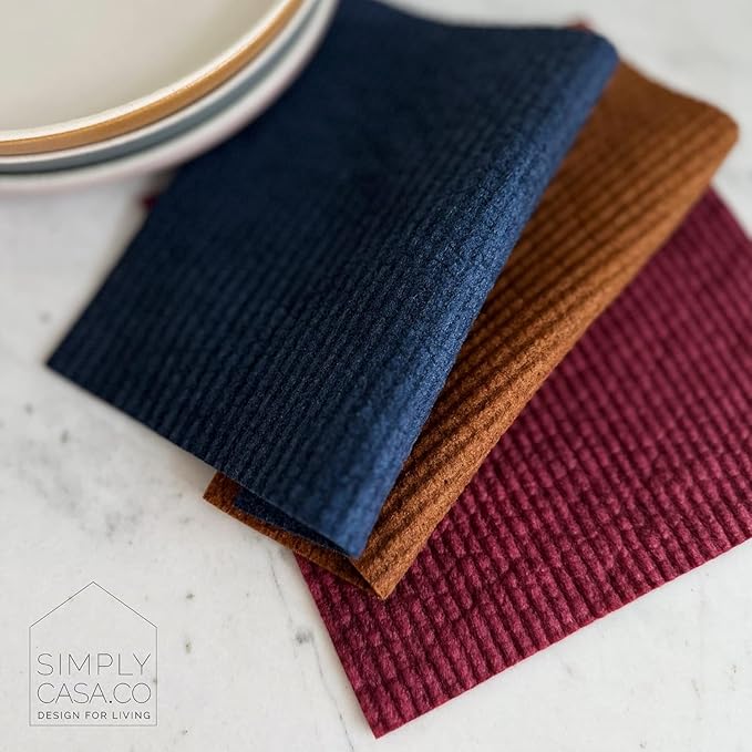 SIMPLYCASA Hand‑Dyed 5‑Pack Swedish Dishcloths – Reusable, Biodegradable Cloths, Super‑Absorbent Dual‑Texture, Plastic‑Free Packaging, Made in Sweden
