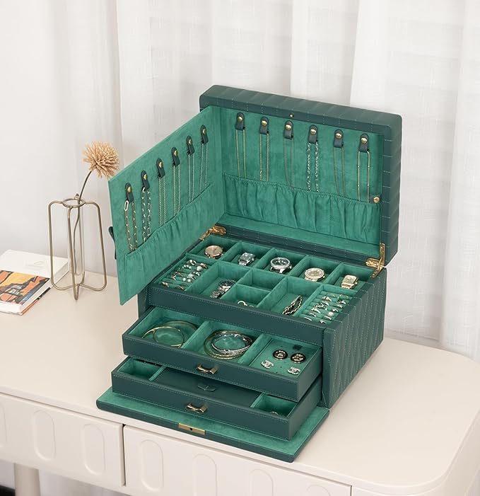 Genuine Leather Jewelry Box – 3 Layer Large Jewelry Organizer with Mirror, Lockable Jewelry Box for Women – Necklace, Ring, Earring Organizer with Drawer - Valentine's Day Gifts(Green)