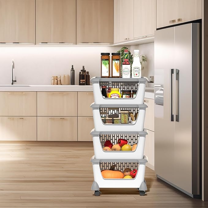 5 Pack Plastic Stackable Storage Bins for Pantry, Open Stacking Storage Basket with Wheels, Gray