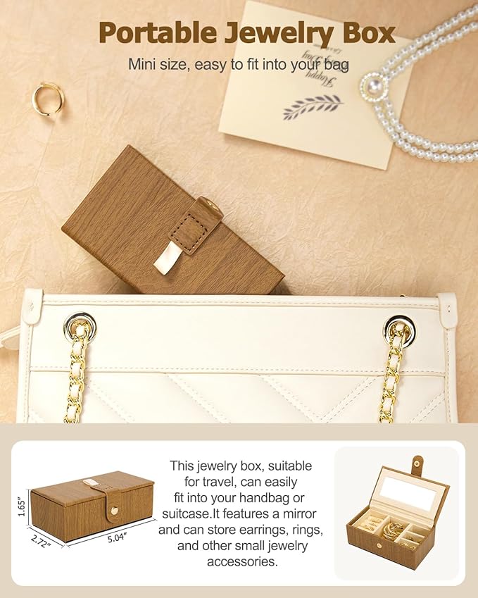 Homde 2 IN 1 Jewelry Box for Women Girls with Small Travel Case Mirror Necklace Ring Earrings Organizer (Brown + Gold)