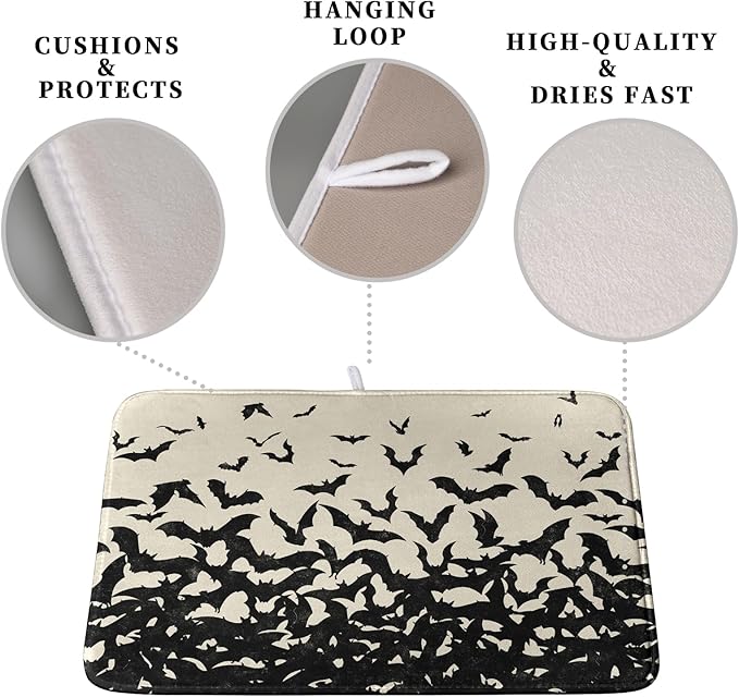 Kwlegh Halloween Bats Halloween Dish Drying Mat for Kitchen Counter 18x24 Inch Microfiber Absorbent Drying Mats Washable Dishes Drainer Mats Reusable Dish Rack Pad for Coffee Bar