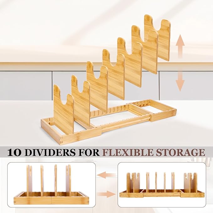 Bambition Bamboo Pot Lid Organizer, Pots and Pans Organizer Inside Cabinet, Pot Lids holder for Kitchen Countertop
