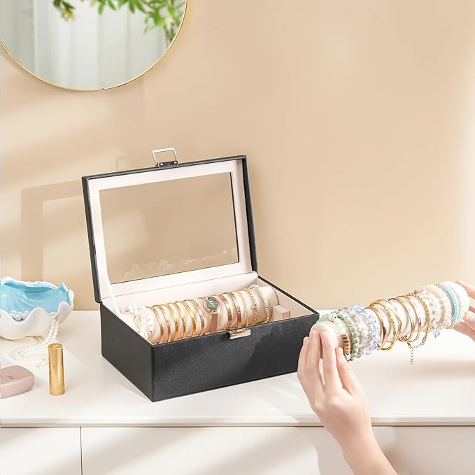 Lolalet Bracelet Display Holder with Rods for Bangles Watches, Clear Lid Jewelry Organizer Box Storage Case for Women Girls -Black