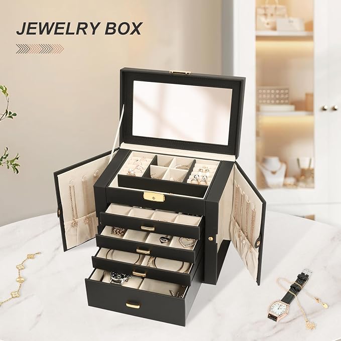 Large Jewelry Organizers and Storage, Jewelry Box for Women 5 Layers Jewelry Organizer, Large Jewelry Boxes & Organizers for Women, Black
