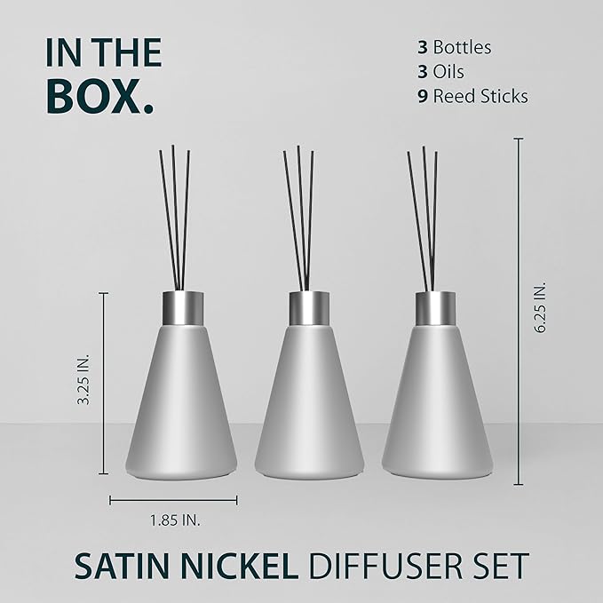 Mega Handles Reed Diffuser Sets (50ml) - 3 Pack White Flower Scent Bathroom Diffuser, Elegant Reed Diffuser for Shelf Decor, Decorative Air Freshener for Large Rooms - Satin Nickel