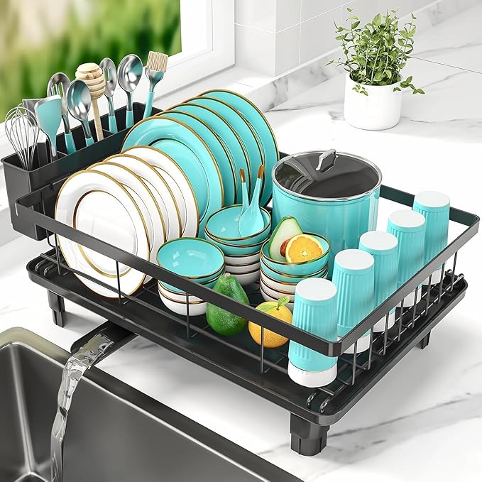 MERRYBOX Dish Drying Rack Space-Saving Dish Racks for Kitchen Counter, Rustproof Drying Rack Kitchen with Large Utensil Holder and Increased Feet, 16.5" D x 11.4" W x 5.65" H, Black