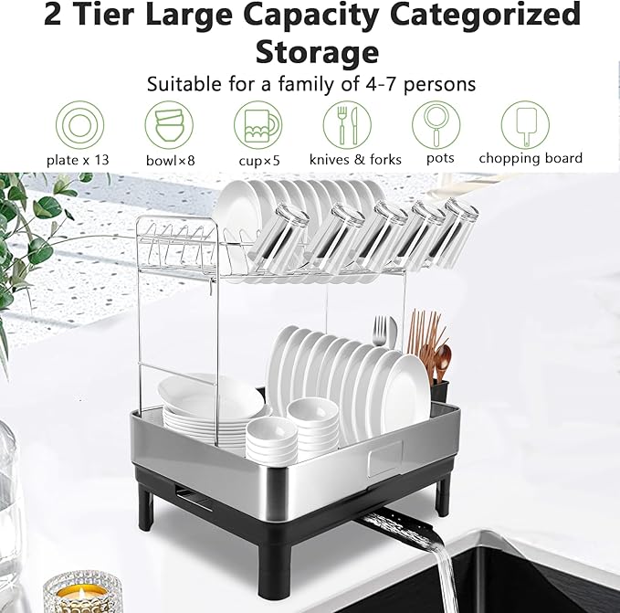 Gugxiom 2 Tier Dish Drying Rack, 304 Stainless Steel Dish Drainer for Kitchen Counter, Extra Large Dish Rack with 360° Rotatable Drain Spout & Cup Holder