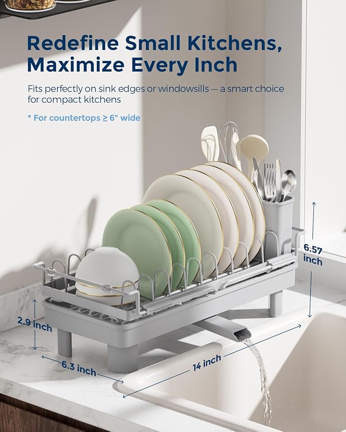 Nacial 2-in-1 Small Dish Drying Rack Fits 14''–21.8'' Sink, Dish Drainers for Kitchen Counter Extend Kitchen Sink Drain Basket with Utensil Holder & Auto-Drain Tray, Stainless Steel Plate Rack, Gris