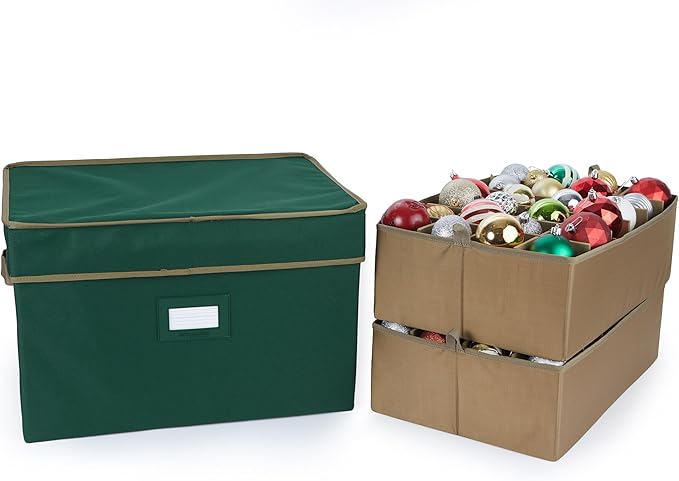 Covermates Keepsakes Adjustable Ornament Storage Box – Heavy-Duty Polyester, Padded Dividers & FlexGrid Trays – Protective Holiday Organizer with Stackable Walls & Label Window, Green