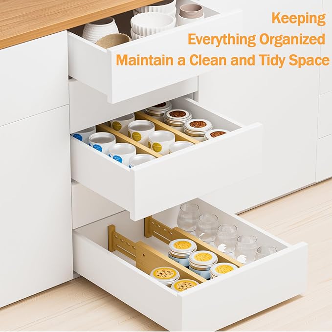 Ryqtop Bamboo Drawer Dividers 4" High, 12.8-18" Adjustable Drawer Organizers for Clothes,Expandable Dresser Separators in Bedroom/Kitchen/Bathroom/Office Organization and Storage,4 Pack