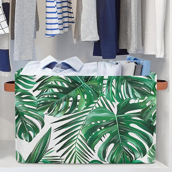 Tropical Palm Leaves Storage Basket for Shelves, Storage Bins with Handles, Collapsible Basket for Organizing, Closet Toy Baskets for Nursery Room, 15x11x9.5 in, Canvas, Green Monstera Leaf