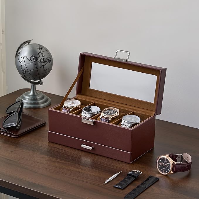 ProCase Watch Case, 4 Slot Mens Watch Box Holder Organizer with Glass Lid, 2-Layer Watches Display Case, Mens Jewelry Box with Drawer, Birthday Valentine Gifts for Men Women -4 Slot, Espresso