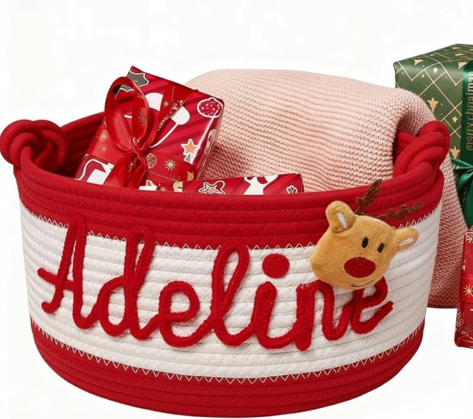 MBBEST Personalized Christmas Basket – Custom Cotton Rope Holiday Gift Basket with Name – Festive Storage Organizer for Presents, Toys, Blankets & Holiday Décor – 3 Sizes