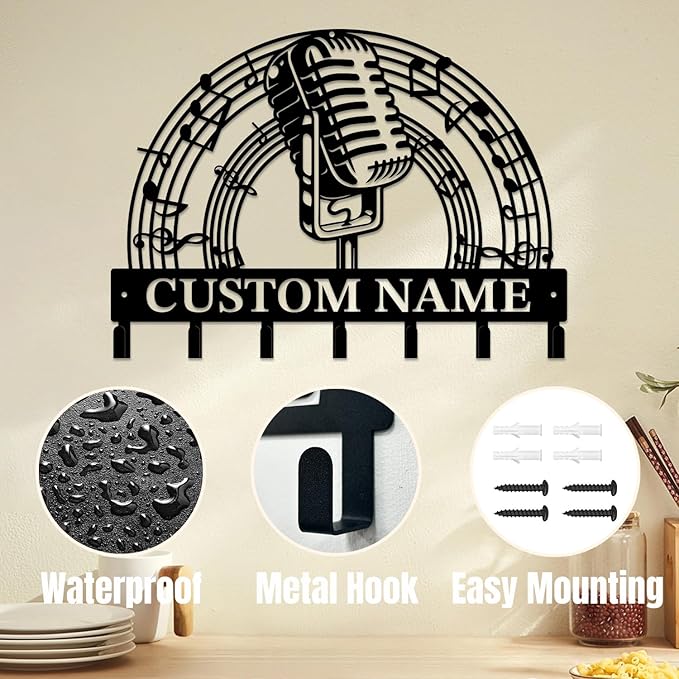 Personalized Custom Music Wall Hooks,Metal Music Room Art Clothes Hooks,Metal Music Wall Home Storage Decorative,For Front Door, Hallway, Kitchen, Bedroom,Keys,Hats (Style K)