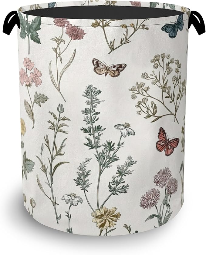 Wildflowers Butterfly Laundry Basket,Herb Plants Oxford Cloth Laundry Hamper with Handle Foldable Portable Clothes Storage Basket for Bathroom Bedroom Dorm Room 16" x 20.8"