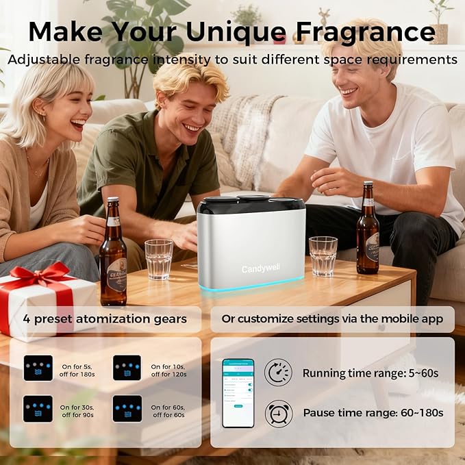 Dual-Scent Waterless Essential Oil Diffuser, Cold Air Diffuser for Home & Commercial Use, 1000 Sq Ft Coverage, APP Control, Quiet Operation, Night Light, Pet & Kid Friendly, Anti-Tilt Alarm