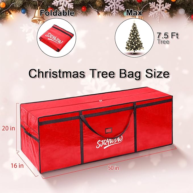 Christmas Tree Storage Bag 7.5 ft, Heavy Duty Artificial Xmas Trees Bag with Reinforced Handles, Dual Zippers Wide Opening, Two Mesh Pockets, Water Resistant for Holiday Tree Storage (Red)