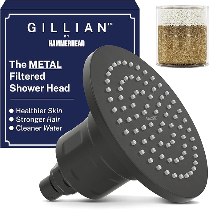 Gillian™ by HammerHead High Pressure Shower Head with Filter – Genuine KDF-55 Metal Hard Water Filtering Shower Head, Healthier Skin & Hair – 6-Inch Rainfall Shower Head with Filters, Matte Black