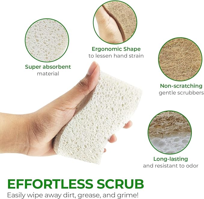 AIRNEX Biodegradable Natural Kitchen Sponge - Compostable Cellulose and Coconut Walnut Scrubber Sponge (24 Pack)
