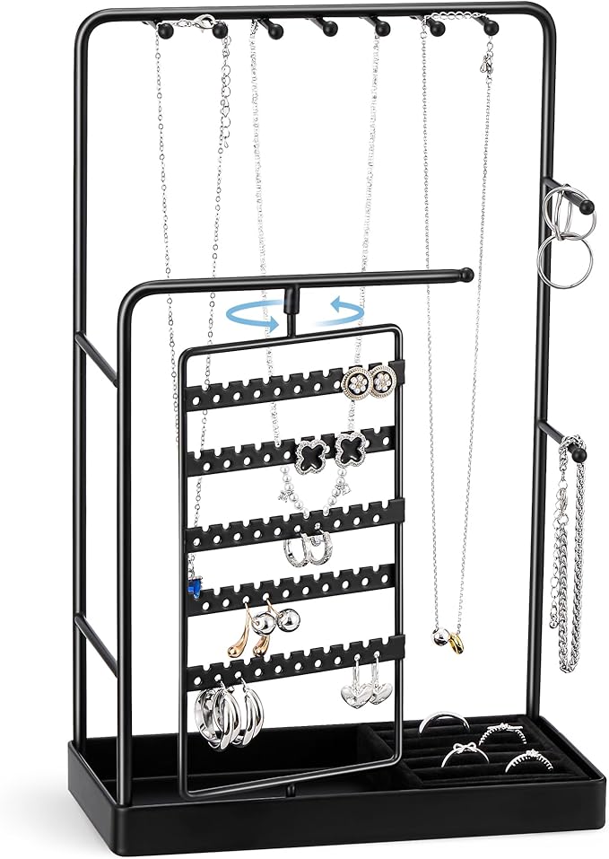 ProCase Jewelry Stand Holder Organizer, Jewelry Display Storage with Ring Tray, No-Assembly Needed, Rotating Earring Bracelet Necklace Holder, Christmas Gifts Room Dorm Decor for Teen Girls -Black