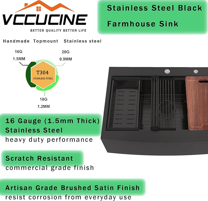 VC CUCINE 33x22 Inch Drop In Gunmetal Black Farmhouse Sink, 16 Gauge Stainless Steel Single Bowl Apron Front Workstation Farm Sink With Accessories