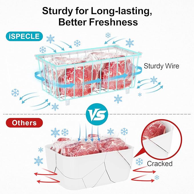 iSPECLE Deep Freezer Organizer Bins - Fits 7 Cu.Ft Chest Freezer, 8 Pack Stackable Wire Baskets(14.7" Length), Heavy Duty Coated Freezer Organizer, Rust Resistant for Frozen Food Sorting, White