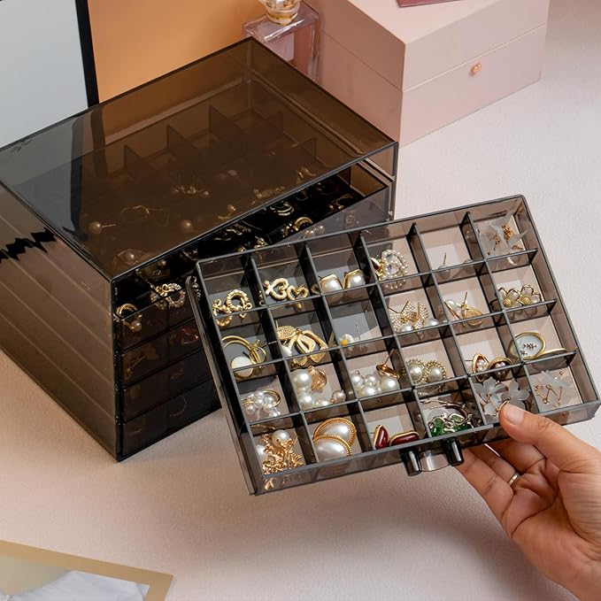 SPAKOWN Earring Organizer, Acrylic Jewelry Holder Organizer with 5 Drawers Stackable Earring Storage Case Jewelry Boxes for Women (Gray)