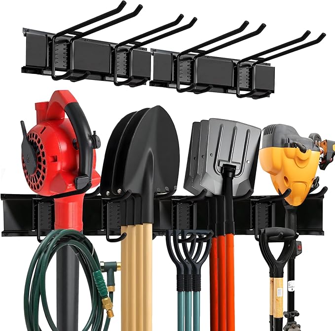 TIDYME Garage Wall Organizer | 32" Heavy-Duty Tool Storage Rack | Adjustable Double-Layer Hooks | 200 lbs Capacity | Carbon Steel Wall Mount Holder for Shovels, Rakes, Ladders & Power Tools