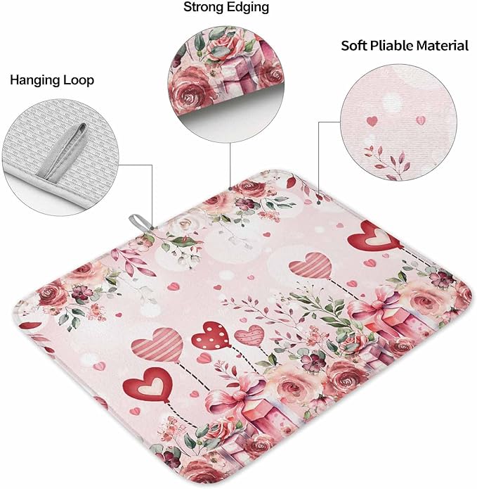 Valentine's Day Dish Drying Mat for Kitchen Counter Pink Love Heart Drying Pad Absorbent Drying Mats for Countertops Sinks Draining Racks Rose Gift Drainer Valentines Holiday Decorations 16x18 Inch