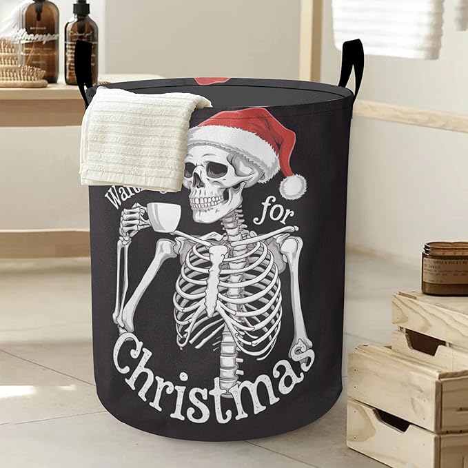 Christmas Laundry Basket-Funny Skeleton Large Foldable Hamper Holder Portable Tall Collapsible Laundry Hamper Storage Basket Bin with Handles, Canvas & Waterproof lining for Household Items