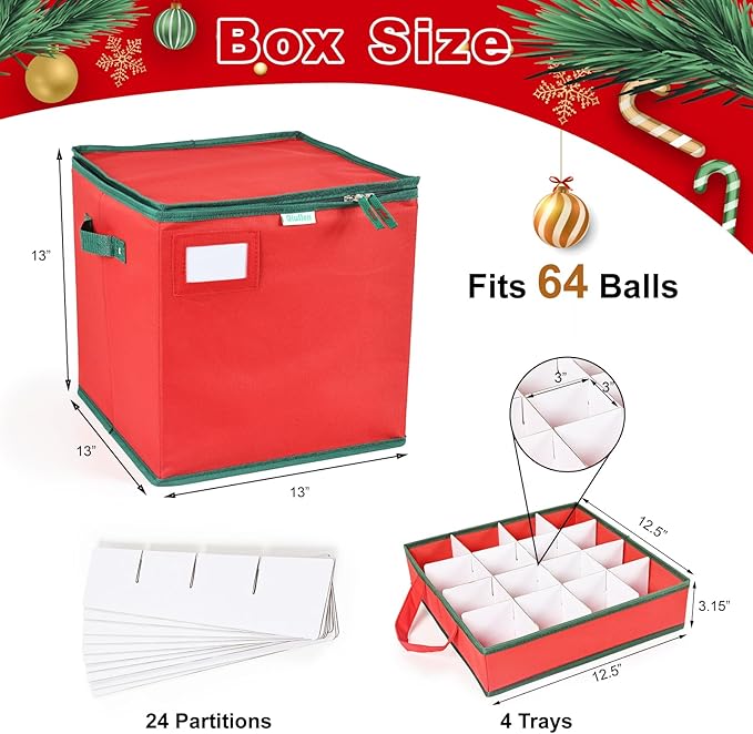 Christmas Ornament Storage Box High Capacity Decoration Organizer Holds Up to 64 Ornaments Decoration Balls Holiday Storage Case with Lid Large Foldable Storage Case for Sundries or Clothes (Red)