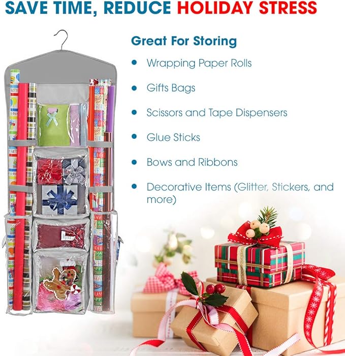 ProPik Hanging Double Sided Christmas Wrapping Paper Storage Organizer With Multiple Pockets, Organize Gift Wrap, Bows, Ribbons - 40"X17" Fits 40 Inch Rolls - Clear PVC Bag (Grey)