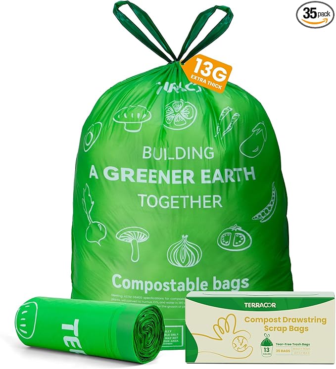 TERRACOR 13 Gallon Compostable Trash Bags Drawstring, Heavy Duty Extra Thick 1 Mil, 35 Bags, Tall Kitchen Food Scrap Waste Bag, ASTM D6400