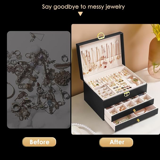 GUOER Jewelry Box for Women Girl Wife 3 Layers Large PU Leather Jewelry Organizer Storage Case with Two drawers Display for Earrings Bracelets Rings Watches (Grey)
