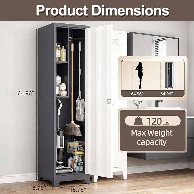 65"H Slim Broom Storage Cabinets, Metal Lockable Storage Cabinet with Single Door, Utility Cabinet for Brooms and Mops, Cleaning Storage Cabinet with Hanging Rod & S-Hooks for Bathroom, Garage