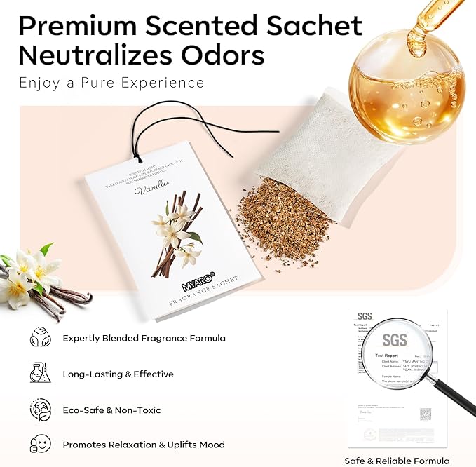 MYARO 12 Packs Vanilla Scented Sachets for Drawer and Closet, Long-Lasting Closet Sachet Bags Drawer Deodorizers Fresh Scents, Home Fragrance for Lover
