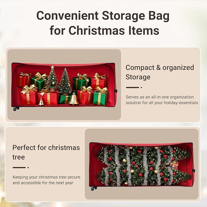 ELYKEN 7.5FT Christmas Tree Storage Bag with Wheels, Rolling Storage Bag for Artificial Christmas Tree and Decorations, Heavy Duty 600D Oxford Fabric, Length-Adjustable Handles, Dual Zippers, Red