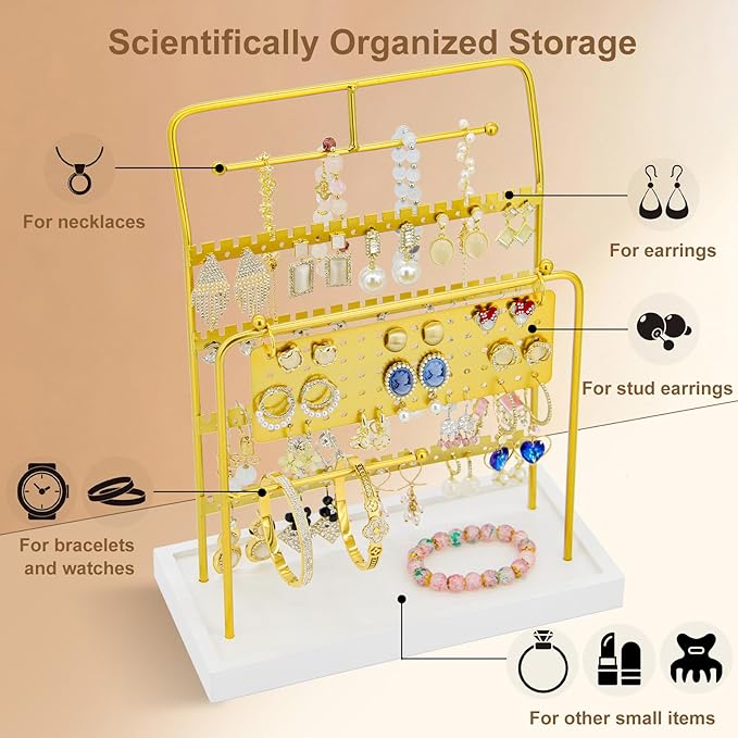 JONKASIPA Jewelry Organizer Stand Metal Jewelry Display Rack with Wooden Tray Necklace Stand Partitioned Storage for Rings, Earrings and Bracelets Jewelry Rack(Gold)