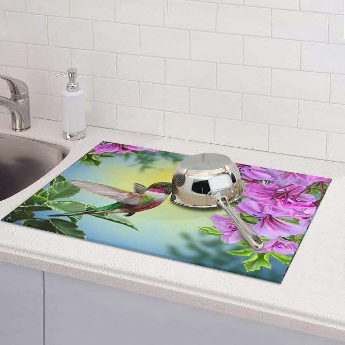Floral Hummingbird Dish Drying Mats for Kitchen Counter Large Drying Mat for Dishes Microfiber Dish Rack Mat Kitchen Decor Spring Flower Drainer Pad Ultra Absorbent Dry Mat 18×24 Inch