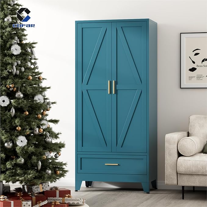 COFaR Metal Armoire Wardrobe Closet with Drawer, 71'' Tall Farmhouse Bedroom Armoires with Doors and Hanging Rod, Freestanding Steel Wardrobe Cabinet Coat Closet for Bedroom, Peacock Blue