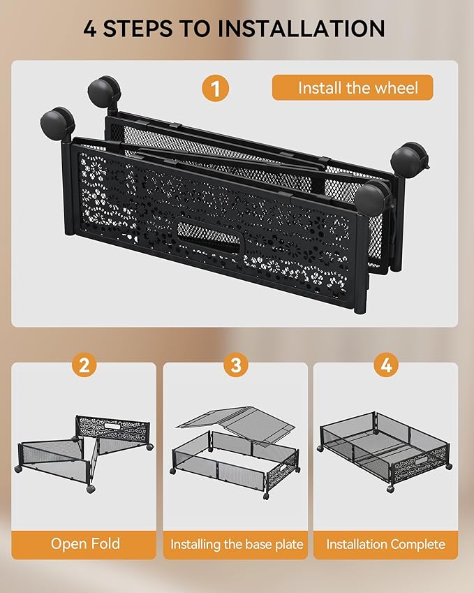 Under Bed Storage with Wheels, Foldable Pattern Carved Metal Under The Bed Storage, Tool-Free Assembly Under Bed Organizer, 60L Underbed Storage for Bedroom Clothes Blankets Shoes Toys