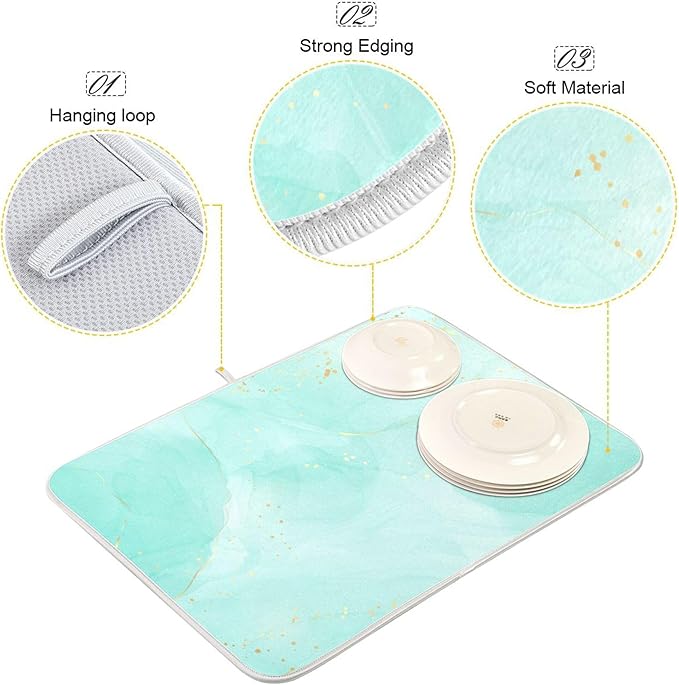Turquoise Marble Dish Drying Mat for Kitchen Countertop 16x18 Aqua Tie Dye Small Drying Mat Reusable Quick Dry Dish Sink Mats Easy Clean Decorative Essentials